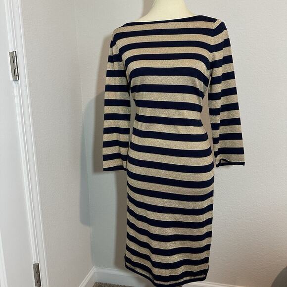 Ralph Lauren Sweater Dress Neutral Metallic Stripes Midi Office Bodycon Casual - Picture 4 of 12